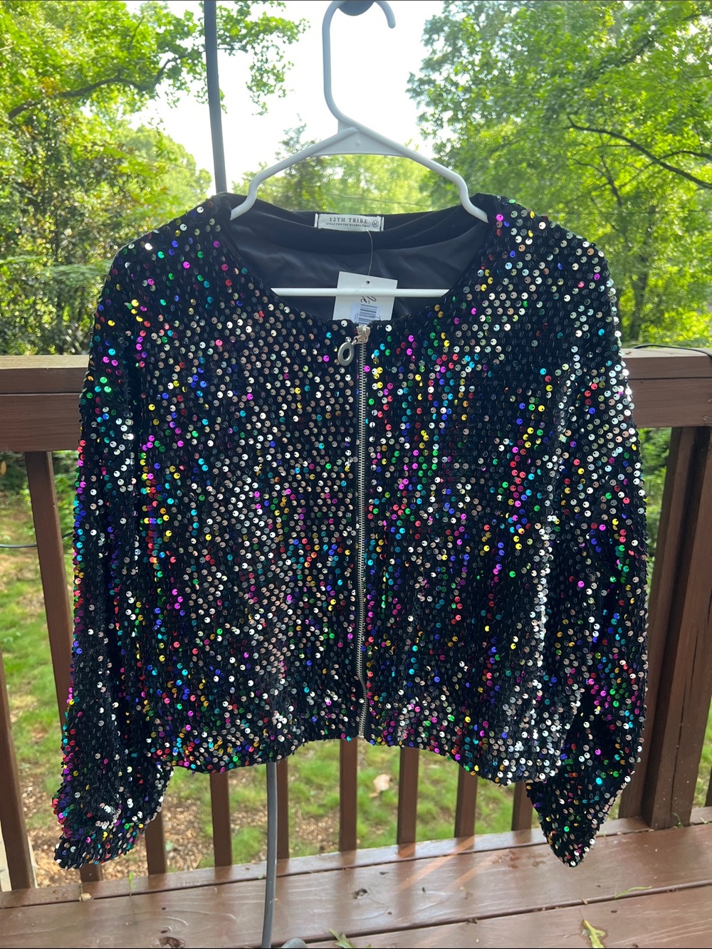 12th Tribe Black Sequin Bomber Jacket with Multicolor Iridescent Accents - Picture 6 of 9